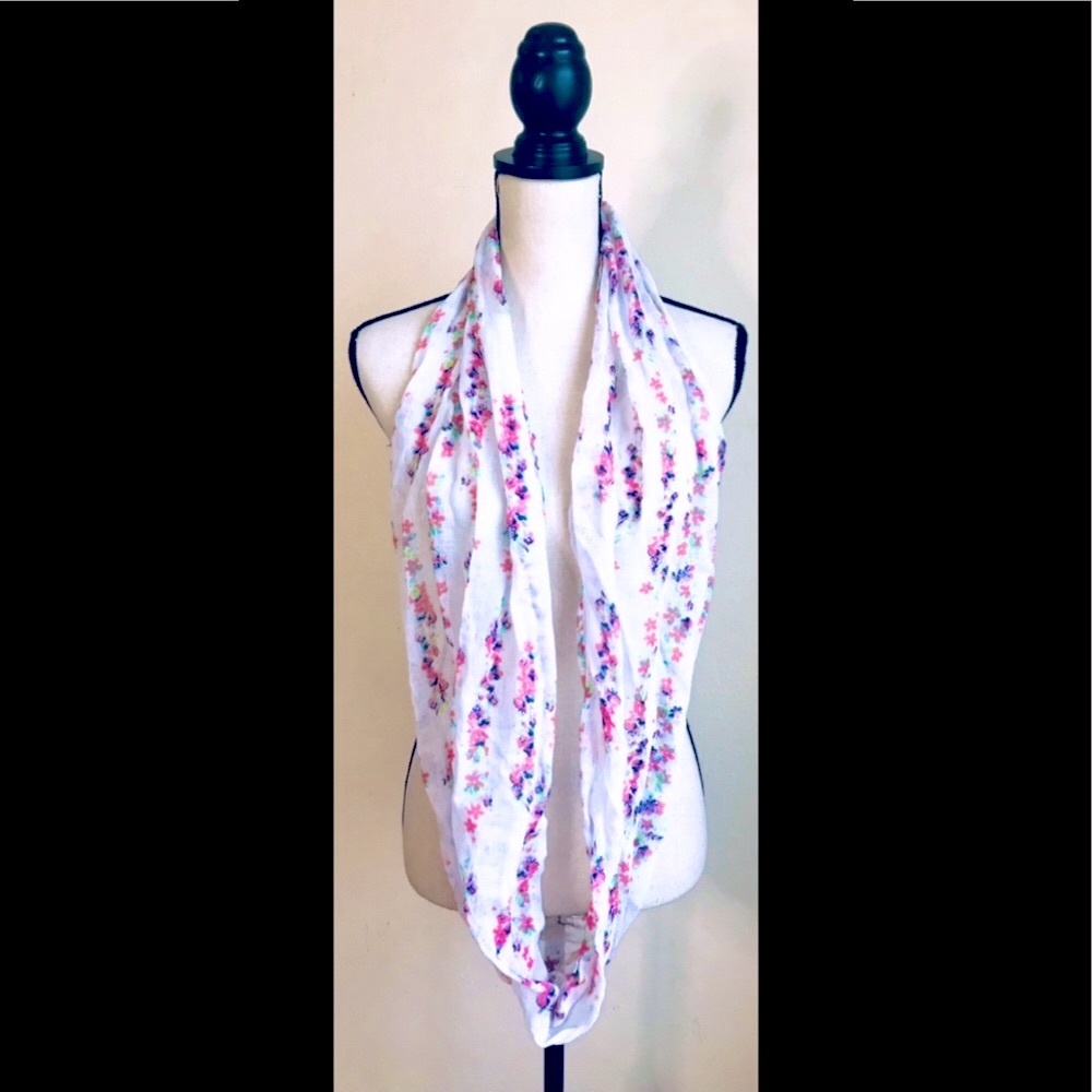 White Floral Infinity Scarf w/ Small Pink, Blue Flowers: Spring Like Design